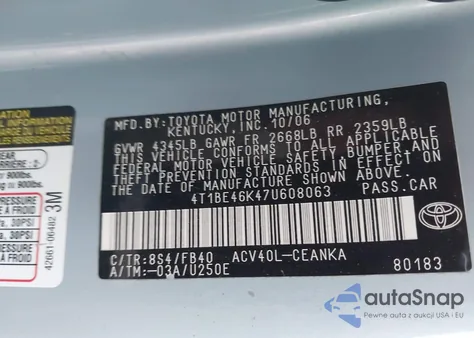 2007 Toyota Camry Le z USA, uszkodzony, nr VIN 4T1BE46K47U608063